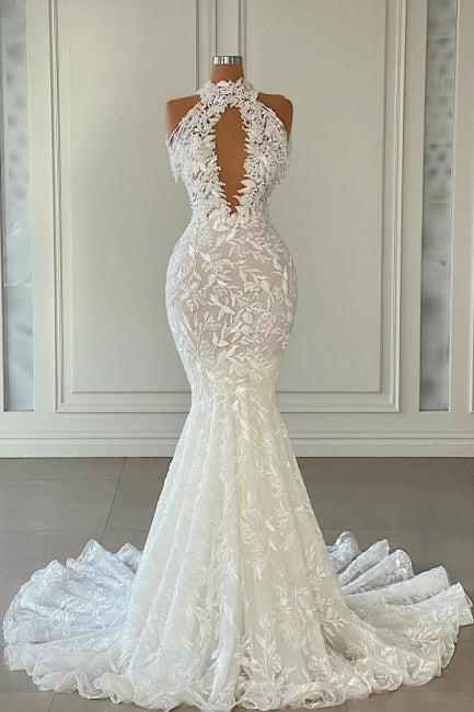 Beautiful Long Mermaid Sleeveless Wedding Gown Adorned with Delicate Lace