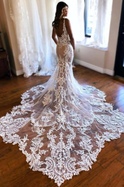 Beautiful Long Mermaid V-neck Sleeveless Lace Backless Wedding Dress with Flowing Train - Fashionpara