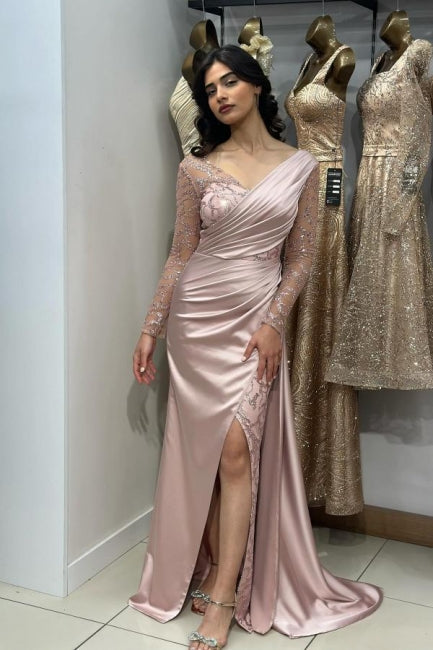 Beautiful Long Pink Mermaid Glitter Lace Split Front Prom Dress with Long Sleeves - Fashionpara