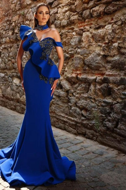 Beautiful Long Royal Blue Mermaid Beaded Prom Dress with Ruffled Details - Fashionpara