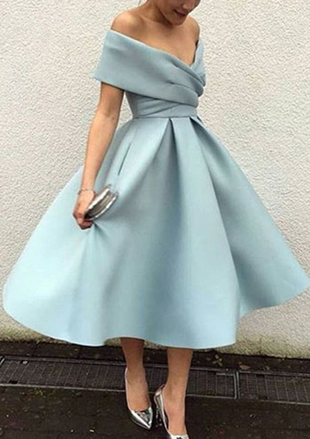 Beautiful Off-the-Shoulder Satin Tea-Length Homecoming Dress with Pleated Ball Gown