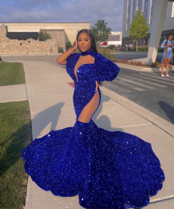 Beautiful Royal Blue High-neck Long Sleeve Lace Long Mermaid Prom Dress