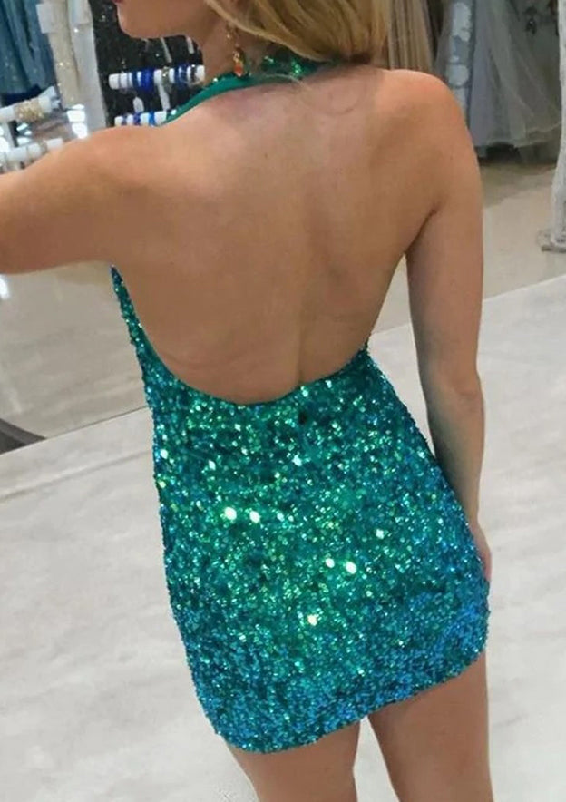 Beautiful Sequined Short Homecoming Dress with Column Halter Sleeveless