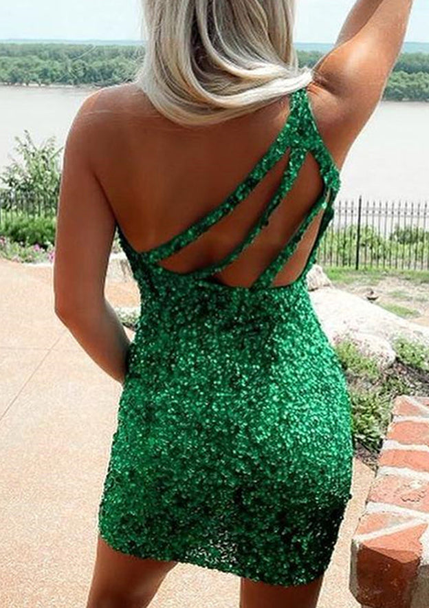 Beautiful Sequined Short Homecoming Dress with One-Shoulder Sleeve - Column