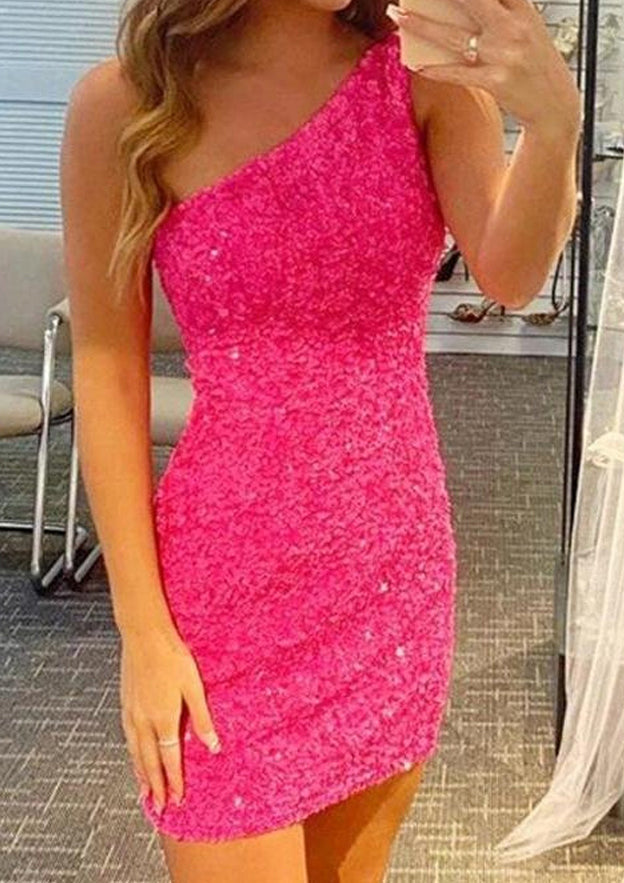 Beautiful Sequined Short Homecoming Dress with One-Shoulder Sleeve - Column