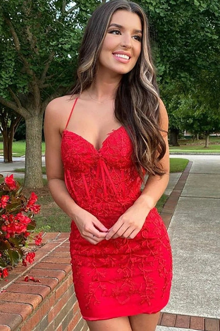 Beautiful Short Red Spaghetti Strap Lace Dress Sleeveless for Homecoming