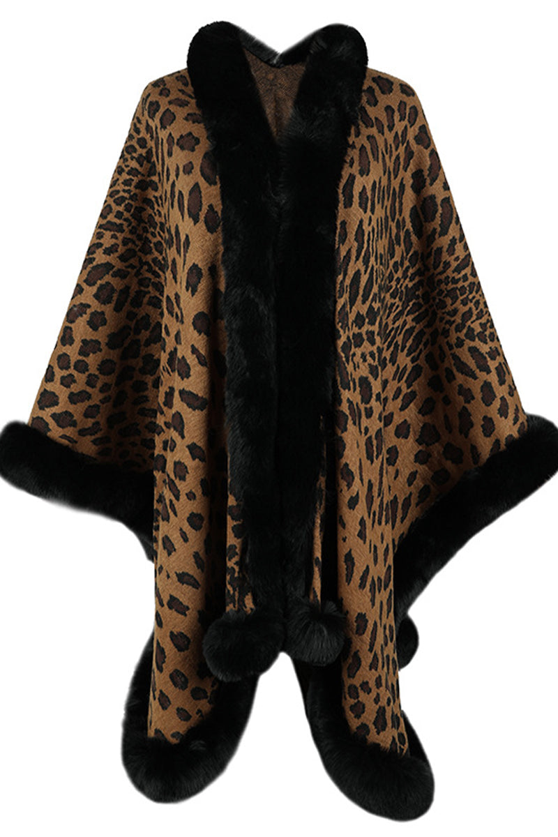 Fur Collar Leopard Shawl Sweater