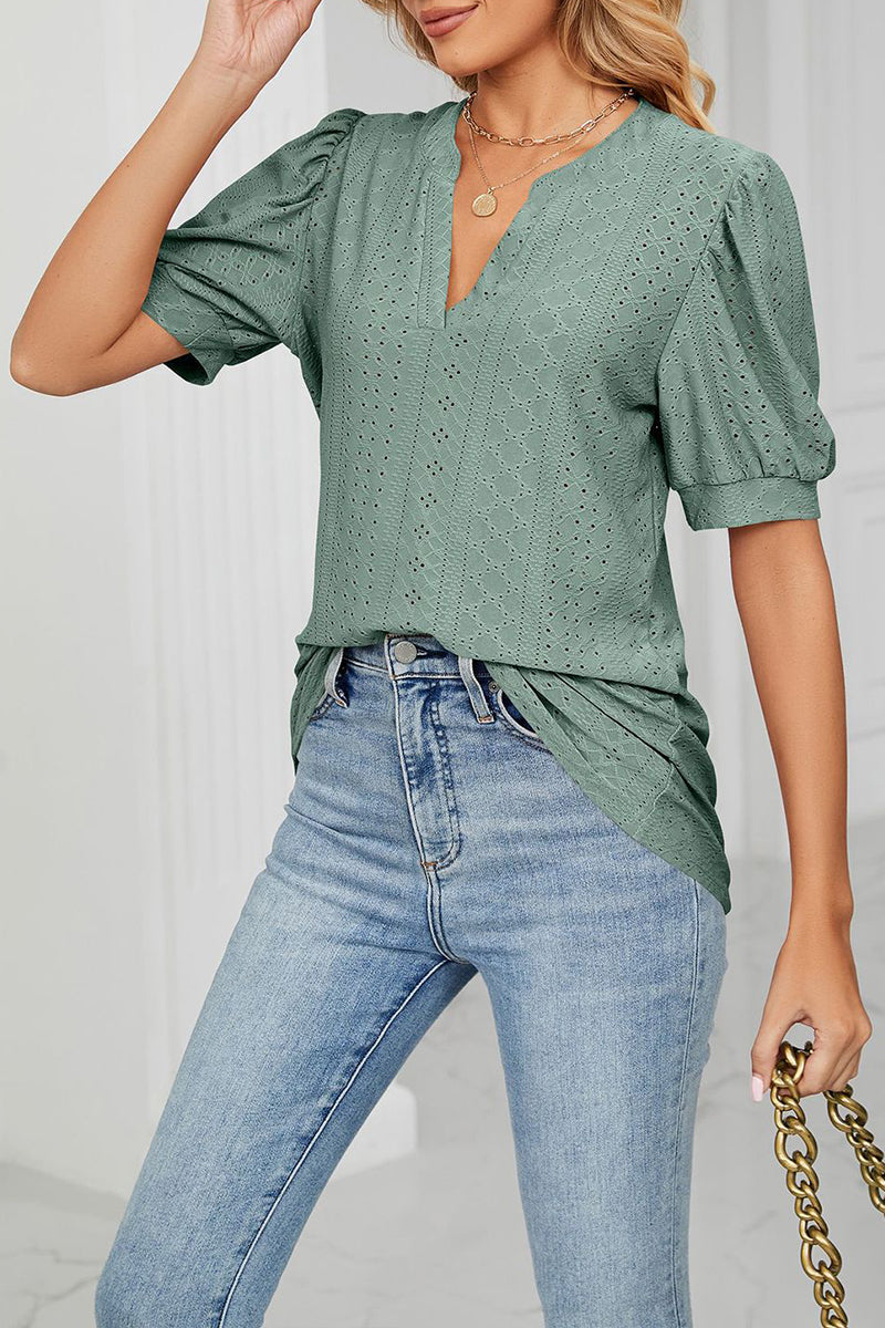 V-neck Hollow Puff Sleeve Top