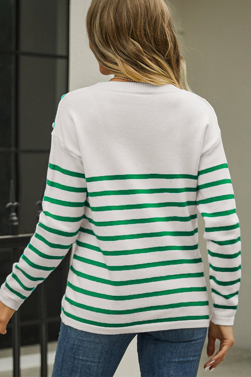 Striped Panel Button Pullover Sweater