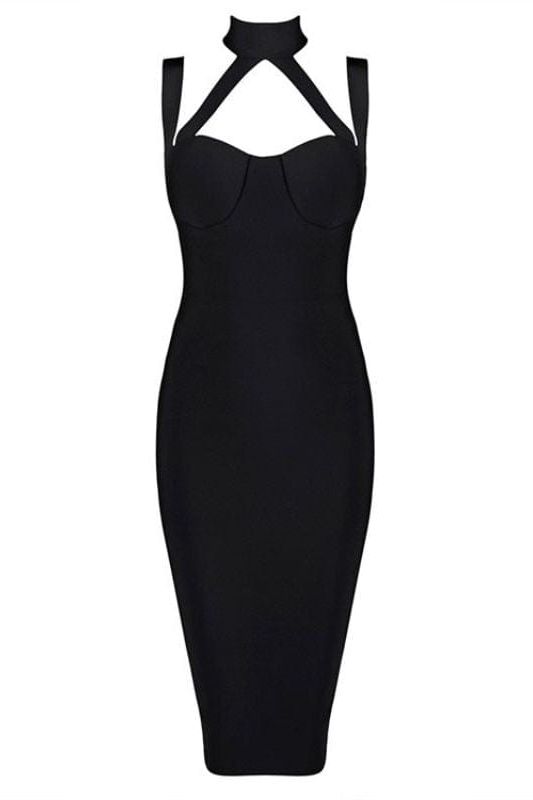 Woman wearing a figure flattering  Bianca Bodycon Midi Dress - Classic Black BODYCON COLLECTION