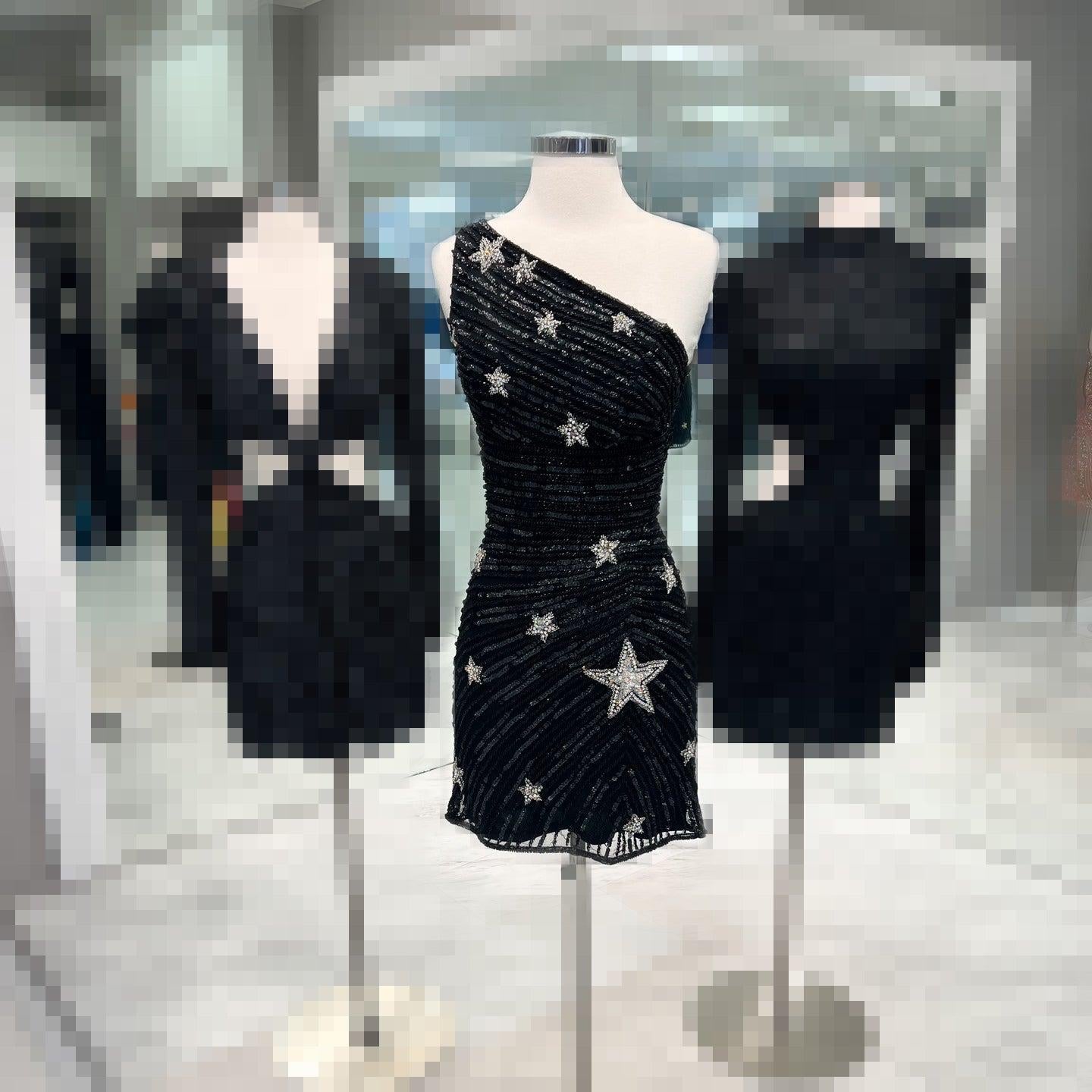 Black Bodycon One-Shoulder Sequin Star Above-Knee Homecoming Dress