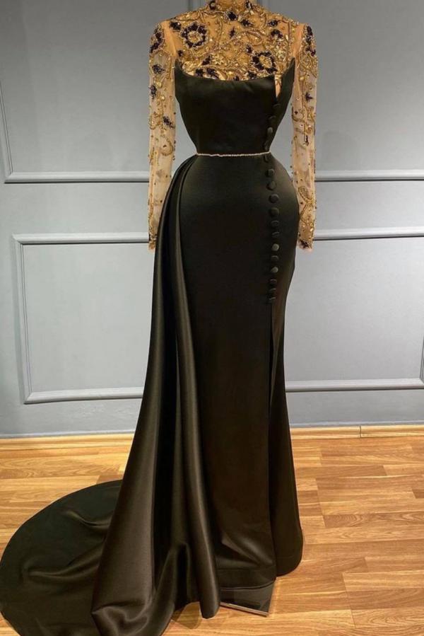 Black Long Sleeves Evening Dress Mermaid With Beads