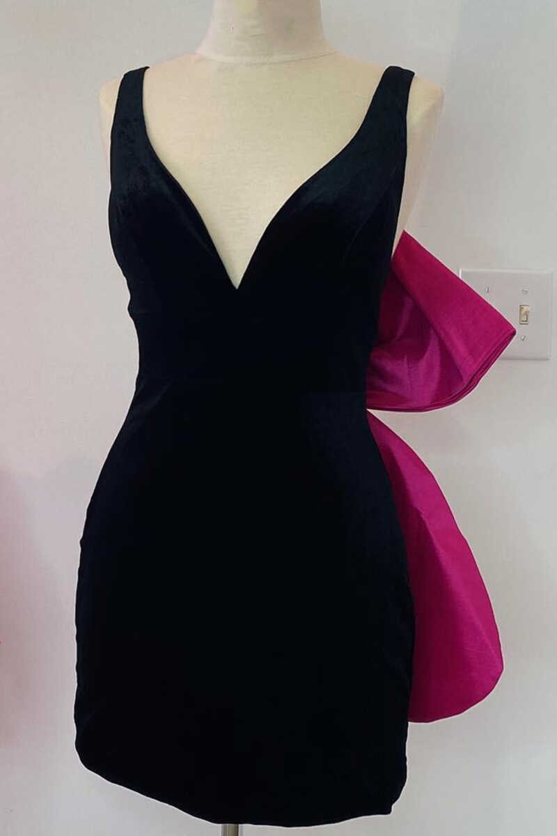 Black Plunging V Bow-Back Bodycon Mini Party Dress