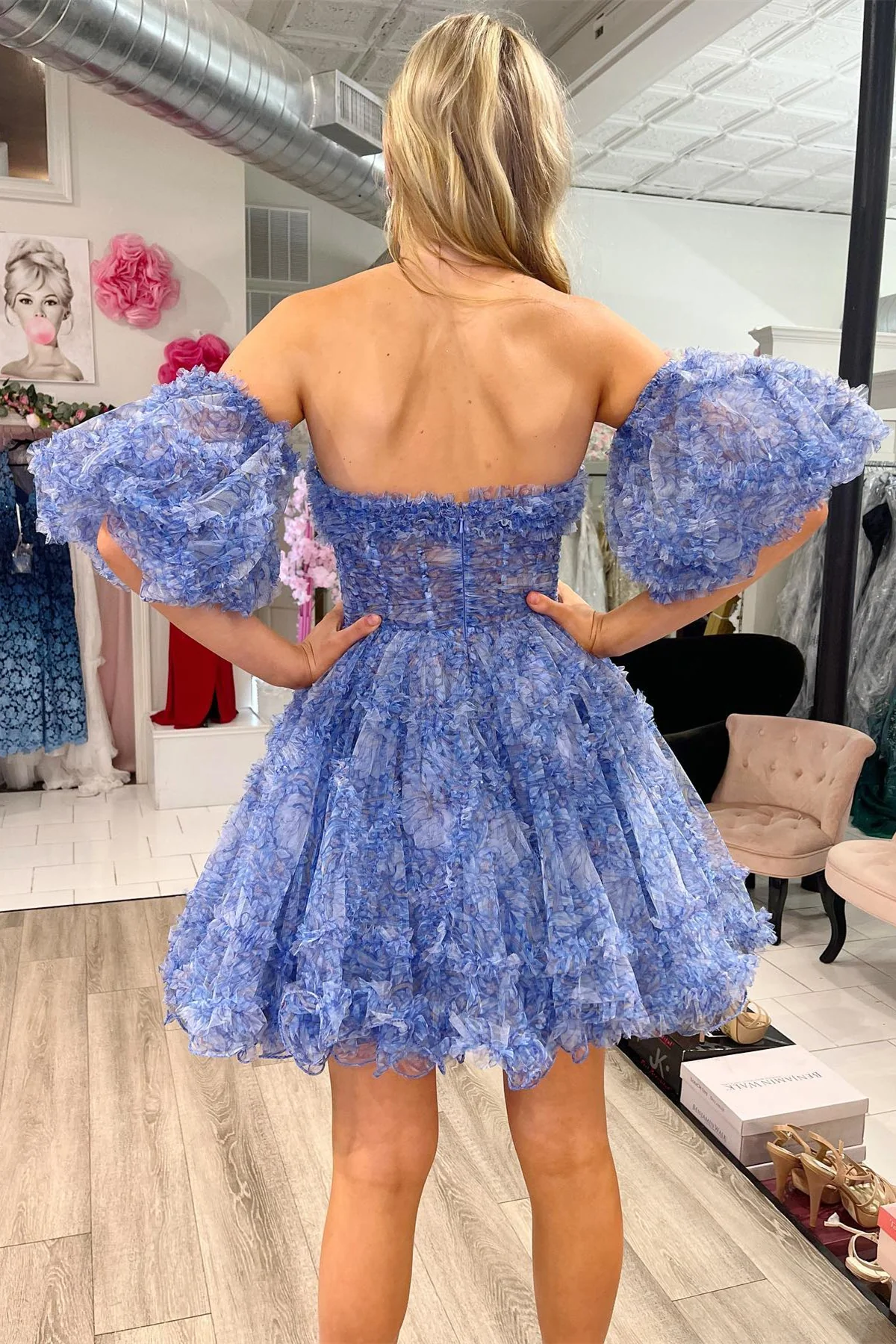 Blue Puff-Sleeved Ruffled A-Line Printed Homecoming Dress