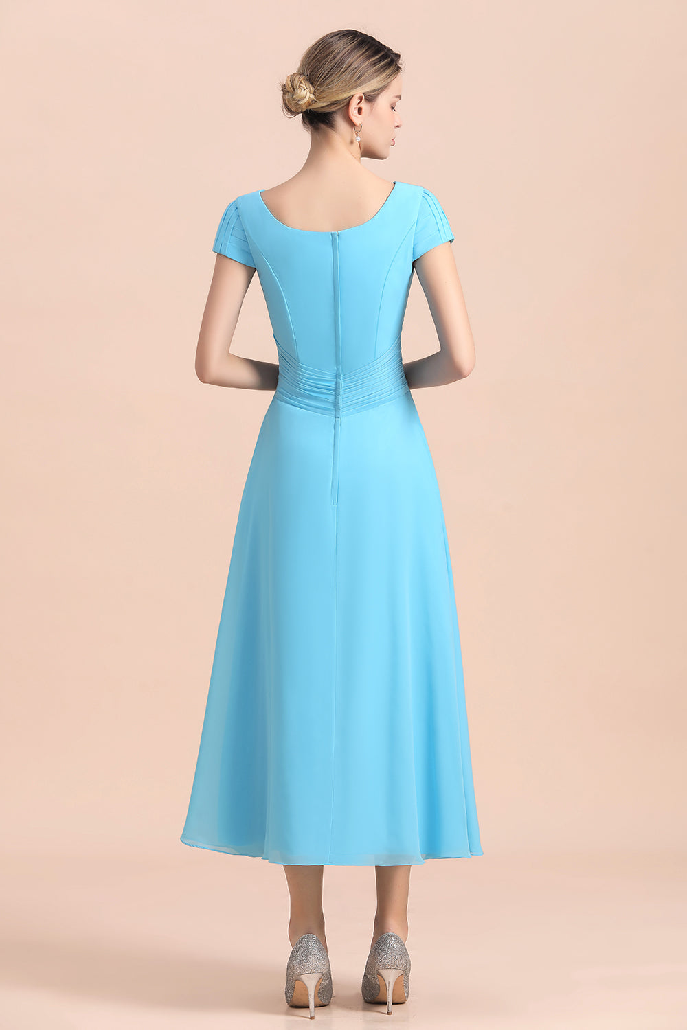 Blue Short Sleeves Chiffon Mother of the Bride Dress Tea-Length - Fashionpara