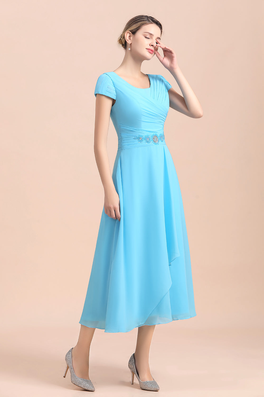 Blue Short Sleeves Chiffon Mother of the Bride Dress Tea-Length - Fashionpara