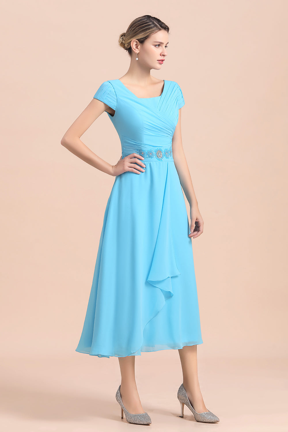 Blue Short Sleeves Chiffon Mother of the Bride Dress Tea-Length - Fashionpara