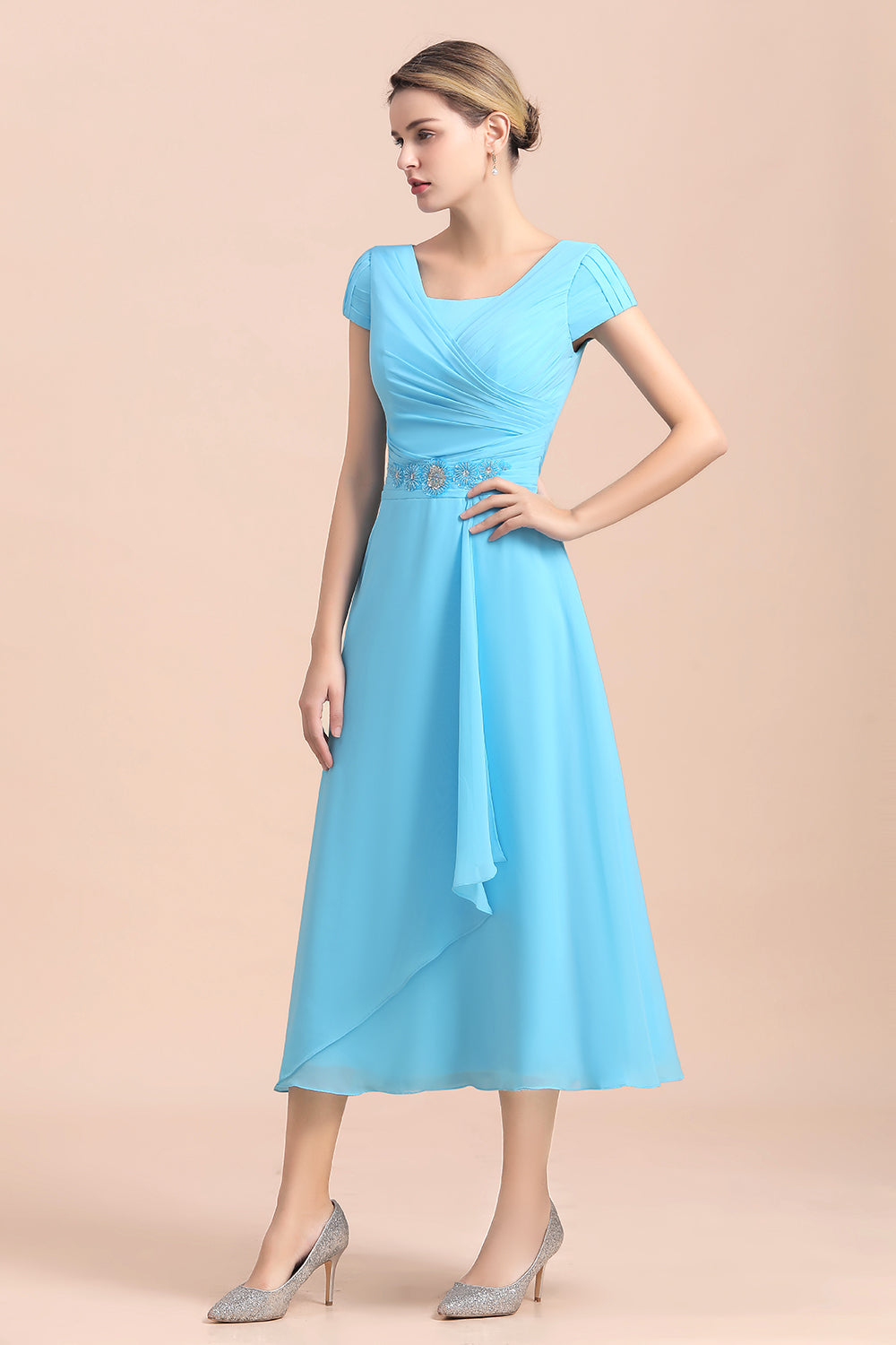 Blue Short Sleeves Chiffon Mother of the Bride Dress Tea-Length - Fashionpara