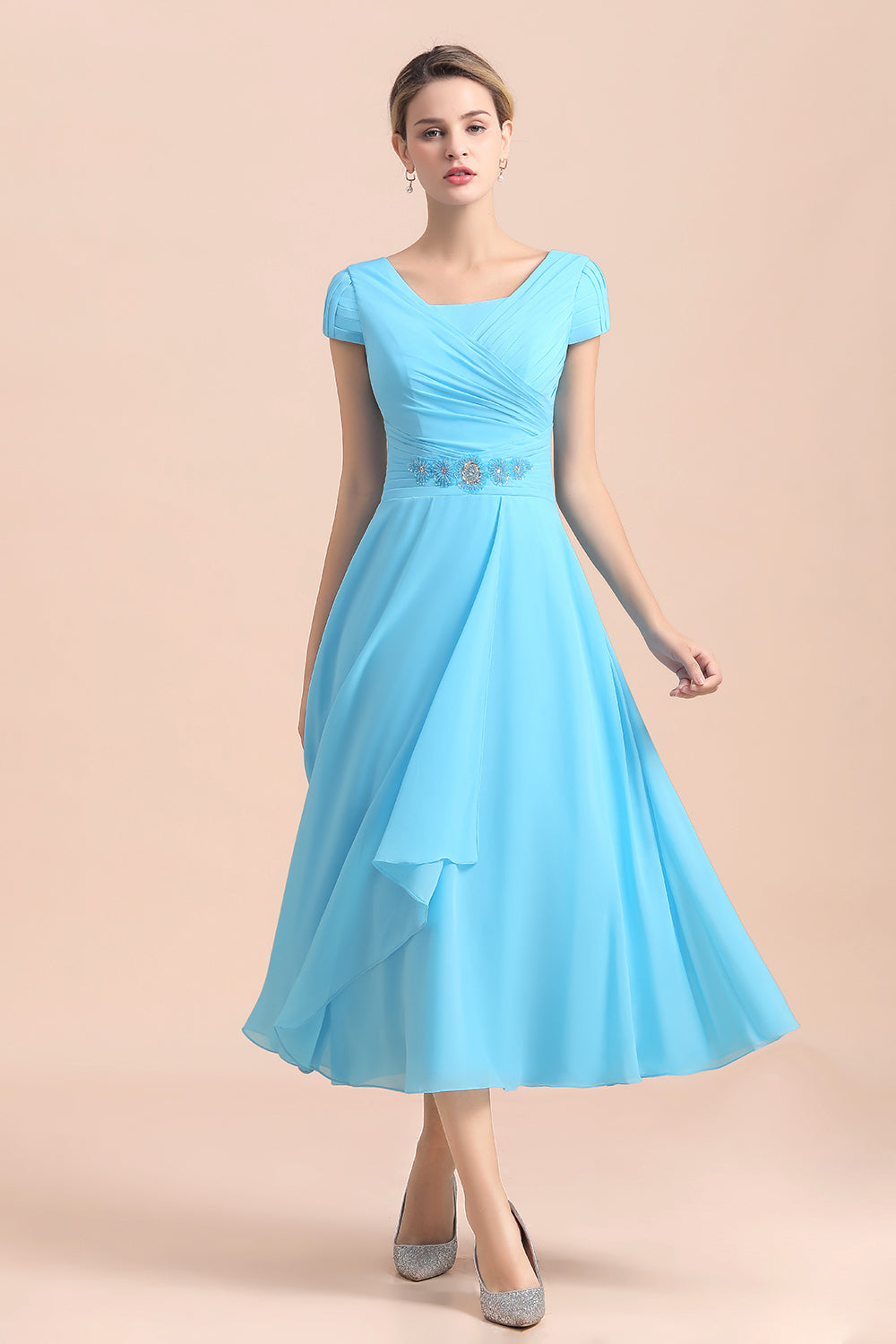 Blue Short Sleeves Chiffon Mother of the Bride Dress Tea-Length - Fashionpara