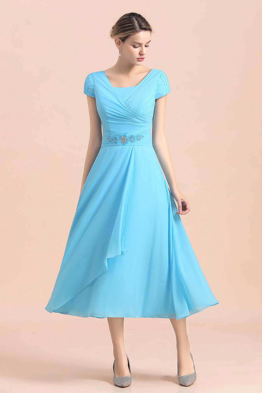 Blue Short Sleeves Chiffon Mother of the Bride Dress Tea-Length - Fashionpara