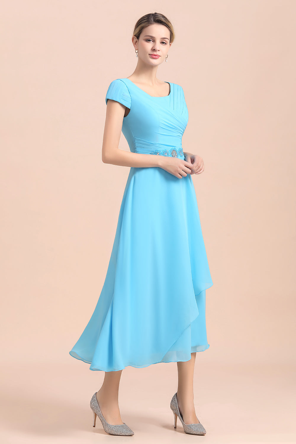 Blue Short Sleeves Chiffon Mother of the Bride Dress Tea-Length - Fashionpara