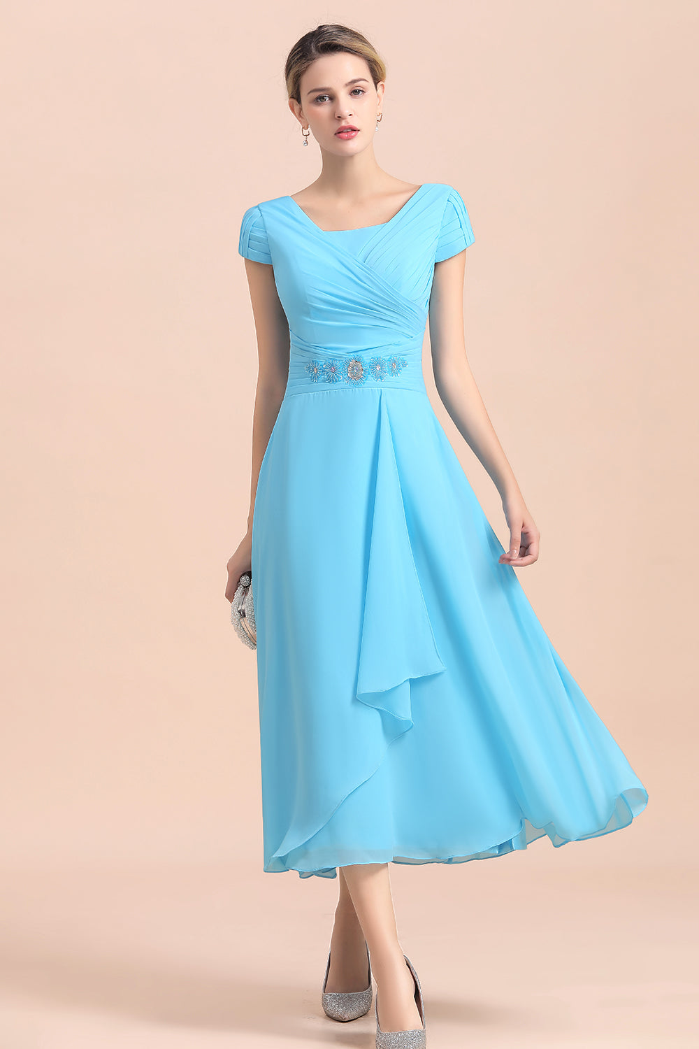 Blue Short Sleeves Chiffon Mother of the Bride Dress Tea-Length - Fashionpara