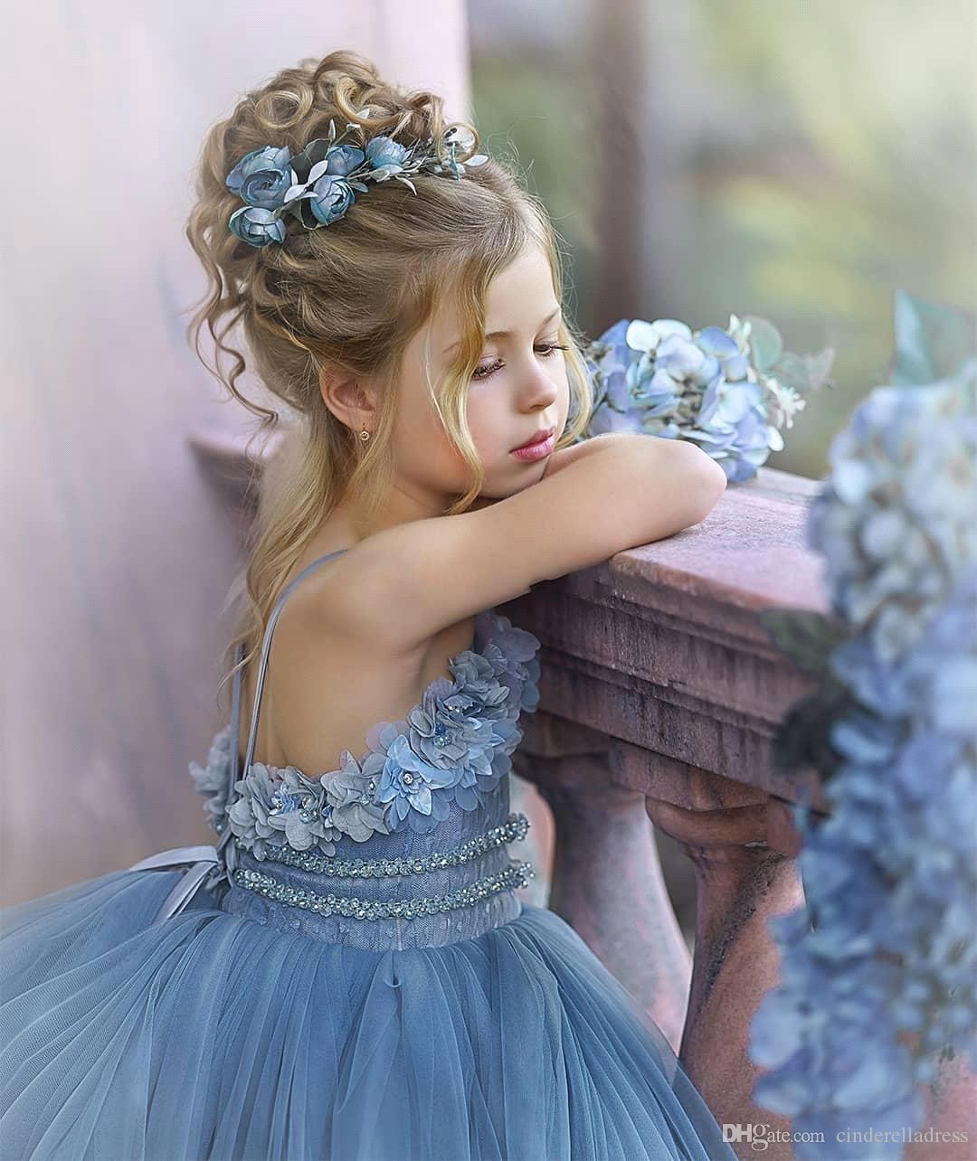 Blue Spaghetti-Straps Tulle Flower Girl Dress Layered With Appliques - Fashionpara