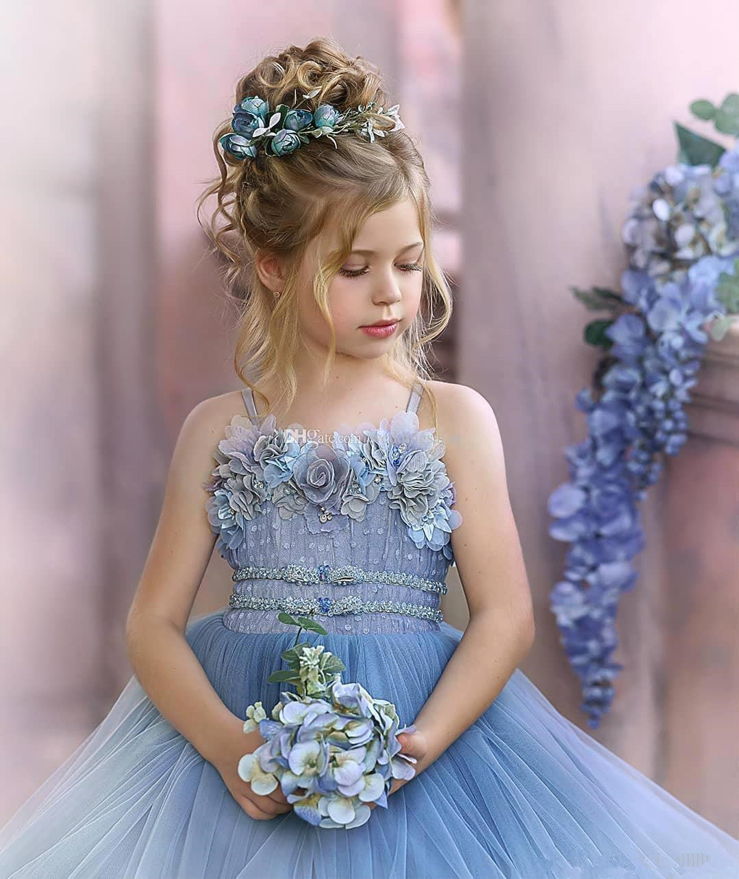 Blue Spaghetti-Straps Tulle Flower Girl Dress Layered With Appliques - Fashionpara