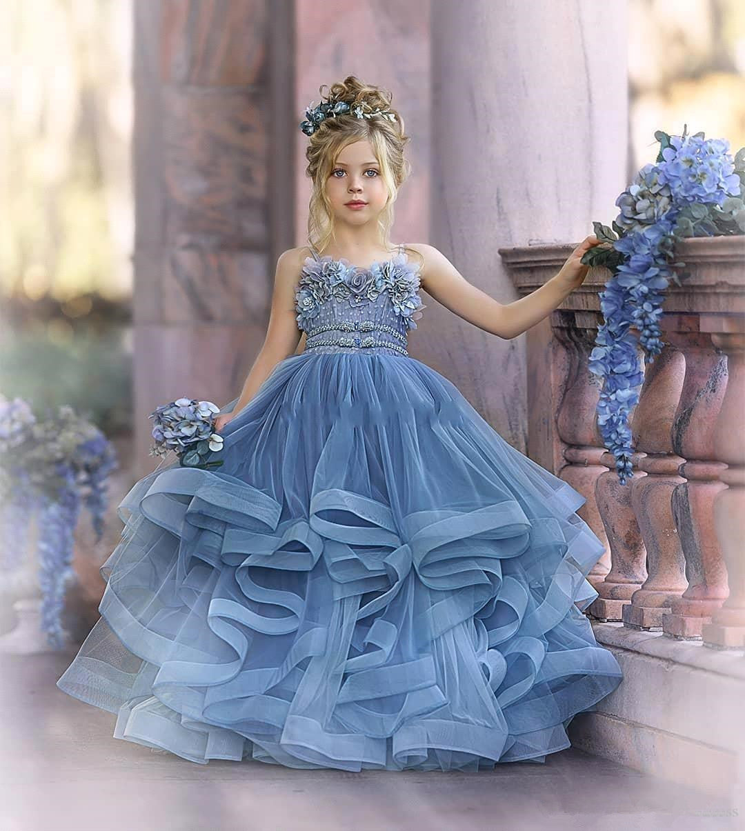 Blue Spaghetti-Straps Tulle Flower Girl Dress Layered With Appliques - Fashionpara