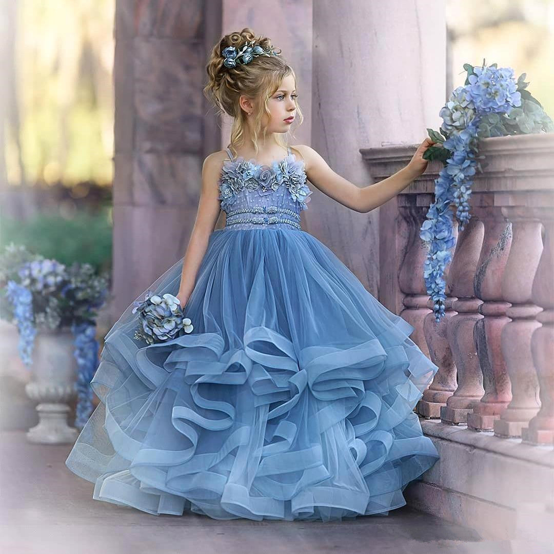 Blue Spaghetti-Straps Tulle Flower Girl Dress Layered With Appliques - Fashionpara