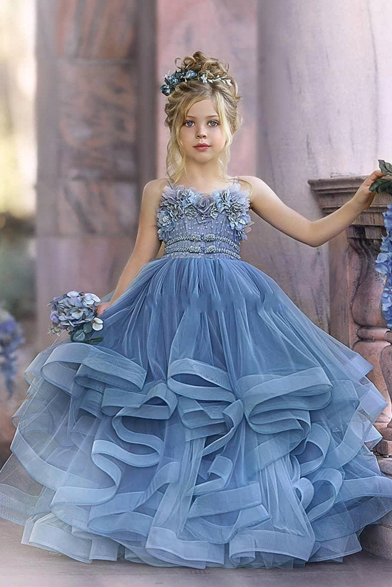 Blue Spaghetti-Straps Tulle Flower Girl Dress Layered With Appliques - Fashionpara