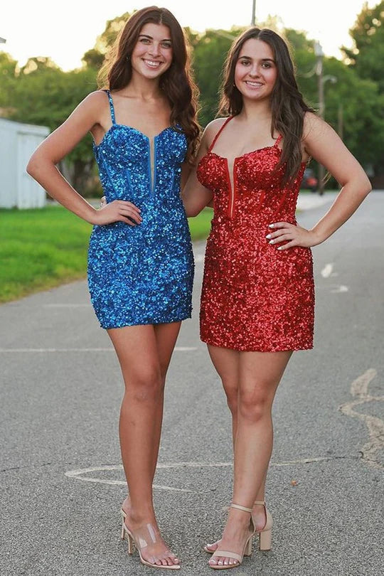 Blue Sequined Scoop Neck Lace-Up Short Tight Homecoming Dress