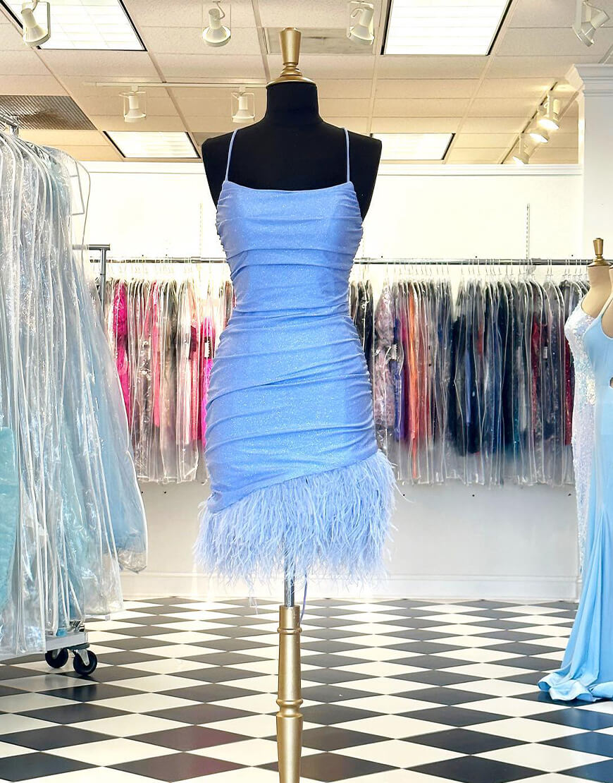 Anastasia Sheath Blue Homecoming Dress with Feather Details