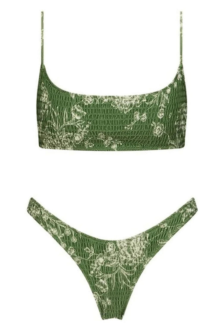 Boho Chic Floral Print Shirred Bralette Bikini Two Piece Swimsuit