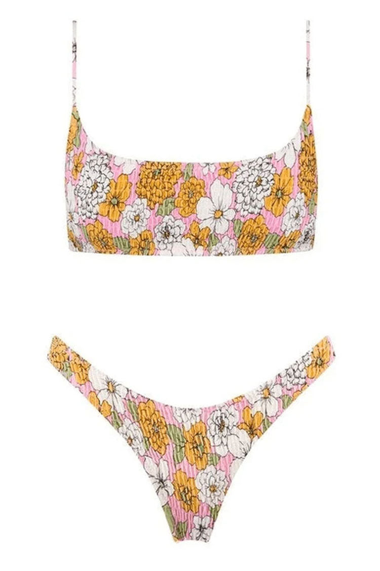 Boho Chic Floral Print Shirred Bralette Bikini Two Piece Swimsuit