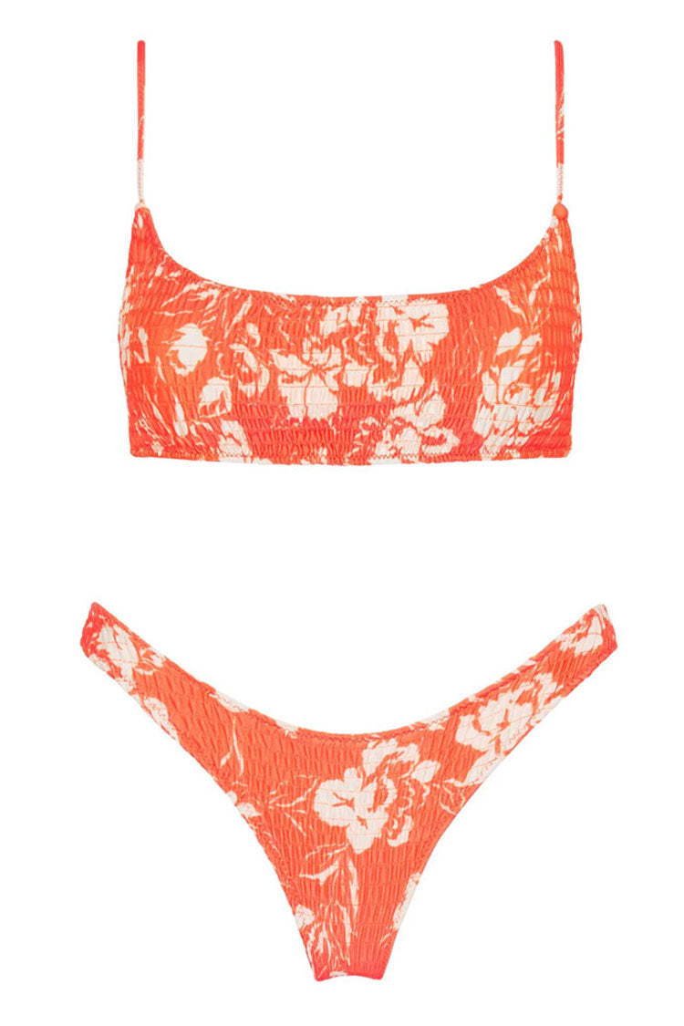 Boho Chic Floral Print Shirred Bralette Bikini Two Piece Swimsuit