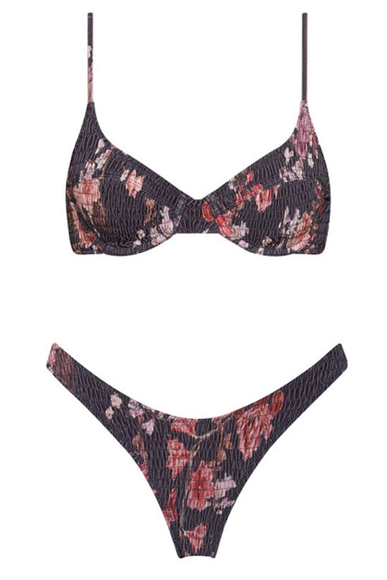 Boho Chic Floral Print Shirred Underwire Bikini Two Piece Swimsuit