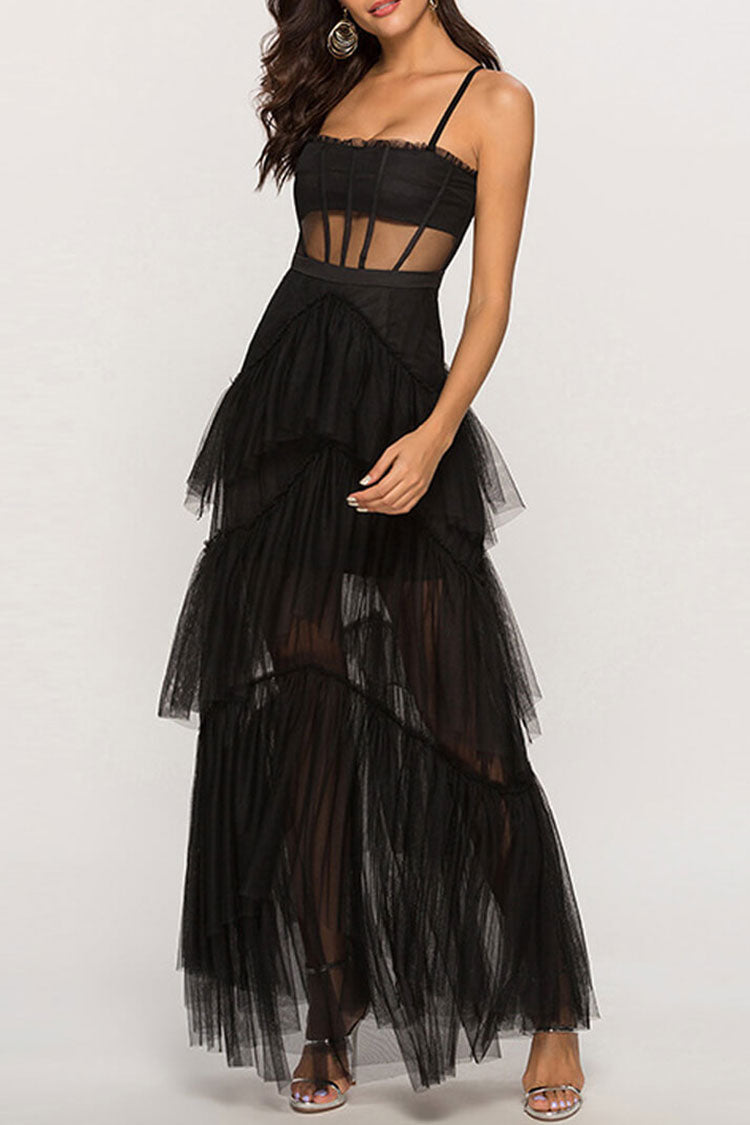 Boho Chic Sheer Corset Sleeveless Tiered Ruffle Tulle Evening Maxi Dress