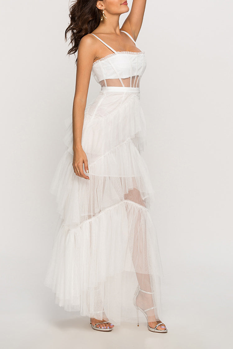 Boho Chic Sheer Corset Sleeveless Tiered Ruffle Tulle Evening Maxi Dress