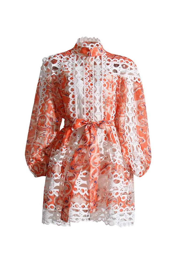 Boho Floral Scalloped Cutout Lace Bishop Sleeve Belted Mini Shirt Dress - Fashionpara