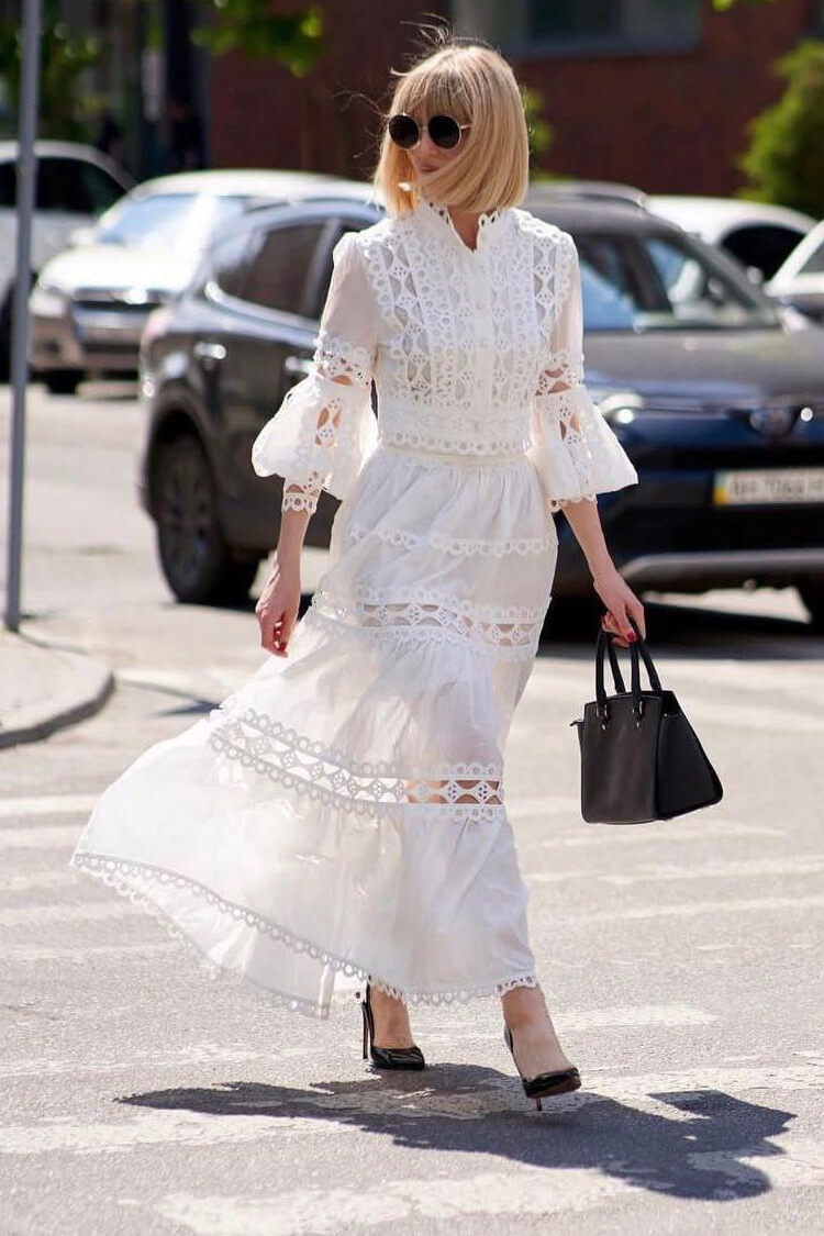 Boho Floral Scalloped Cutout Lace Button Up Maxi Skirt Two Piece Dress - Fashionpara