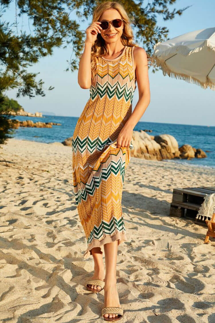 Boho Striped Semi Sheer Crochet Knit Beach Vacation Midi Sundress - Orange - Fashionpara