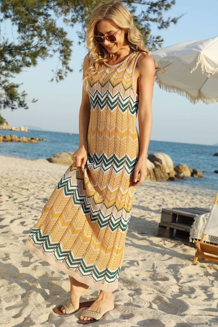 Boho Striped Semi Sheer Crochet Knit Beach Vacation Midi Sundress - Orange - Fashionpara