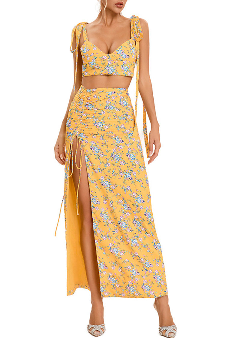 Boho Style Floral Print Bow Tie Bra Top Gathered Split Two Piece Maxi Dress - Fashionpara