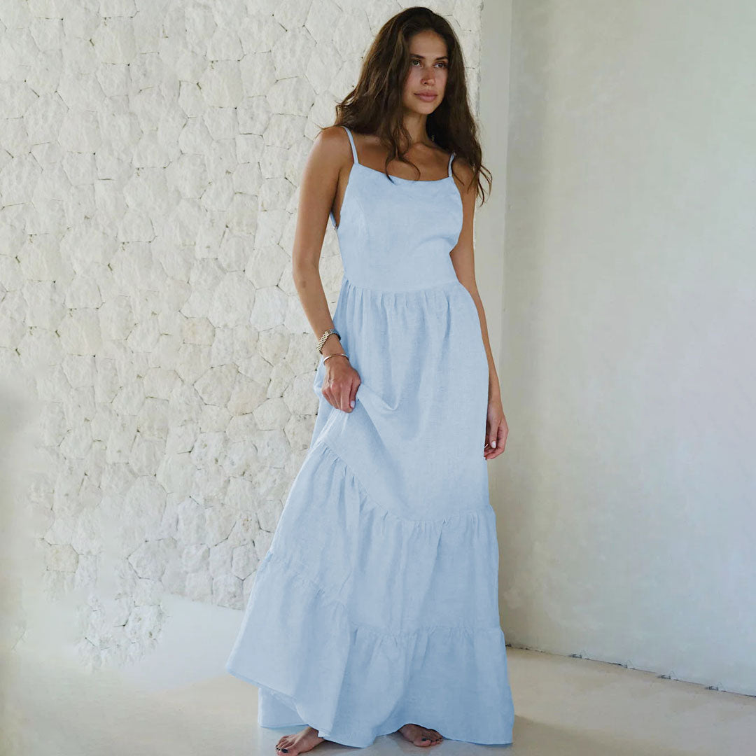 Boho Style Spaghetti Strap Backless Tiered Ruffle Vacation Maxi Sundress