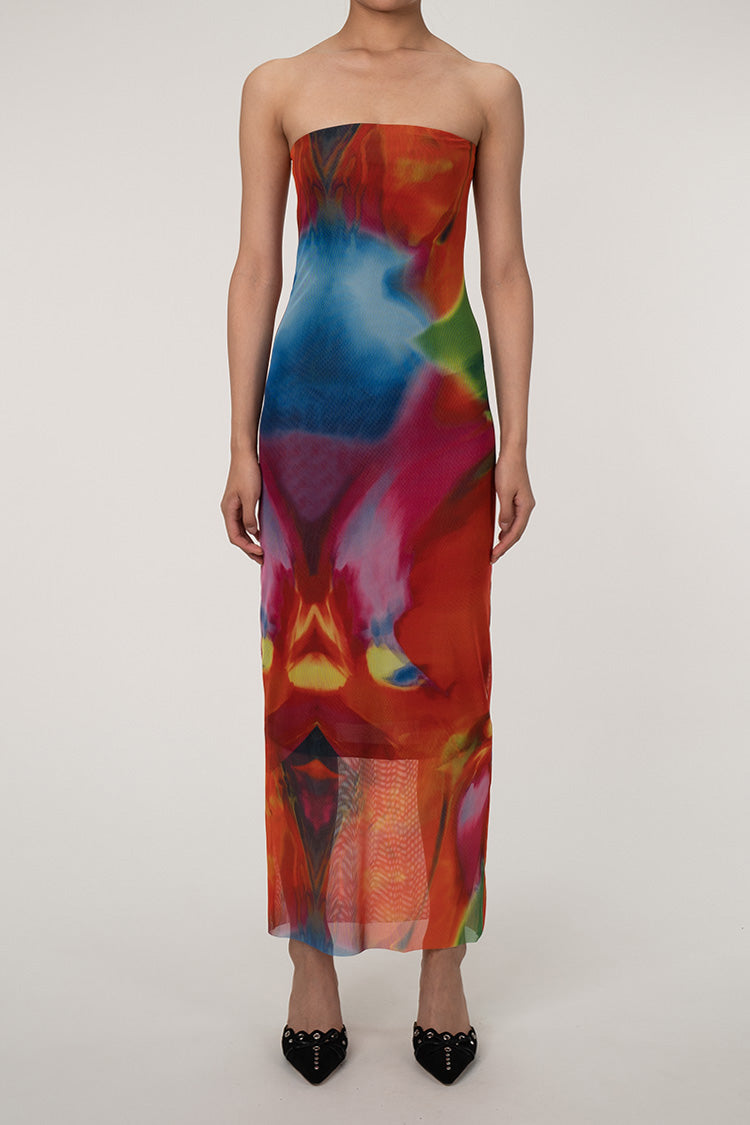 Sexy Bold Abstract Printed Summer Strapless Mesh Maxi Dress - Multicolor