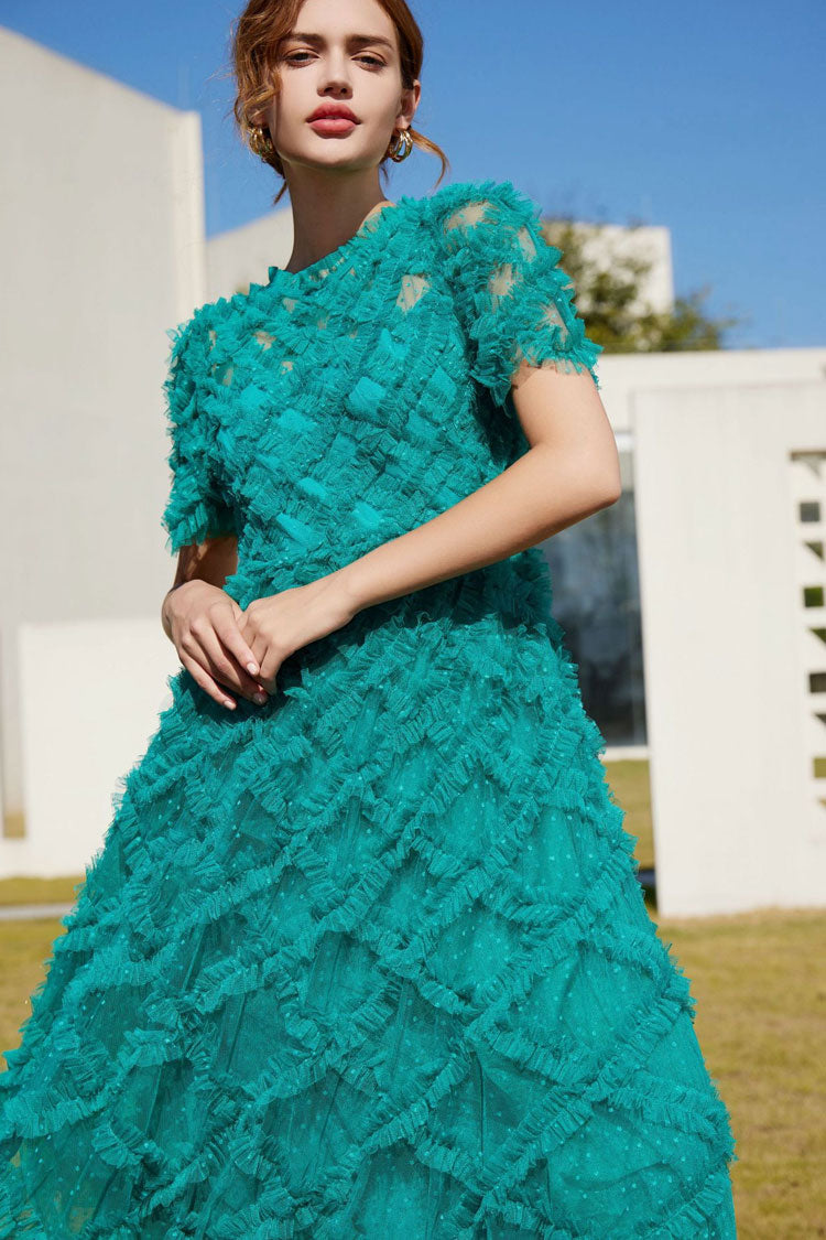 Breezy Mock Neck Polka Dot Tulle Summer Ruffled Evening Maxi Dress - Emerald Green