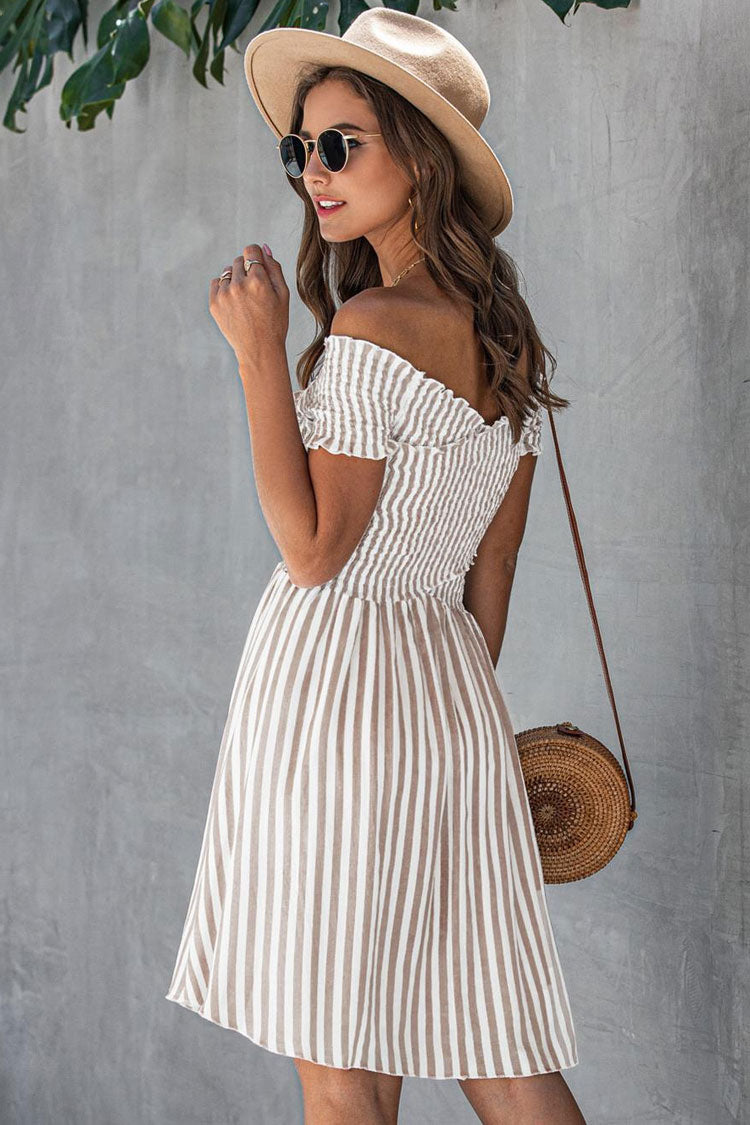 Breezy Off Shoulder Striped Printed Smocked Summer Mini Sundress - Coffee - Fashionpara