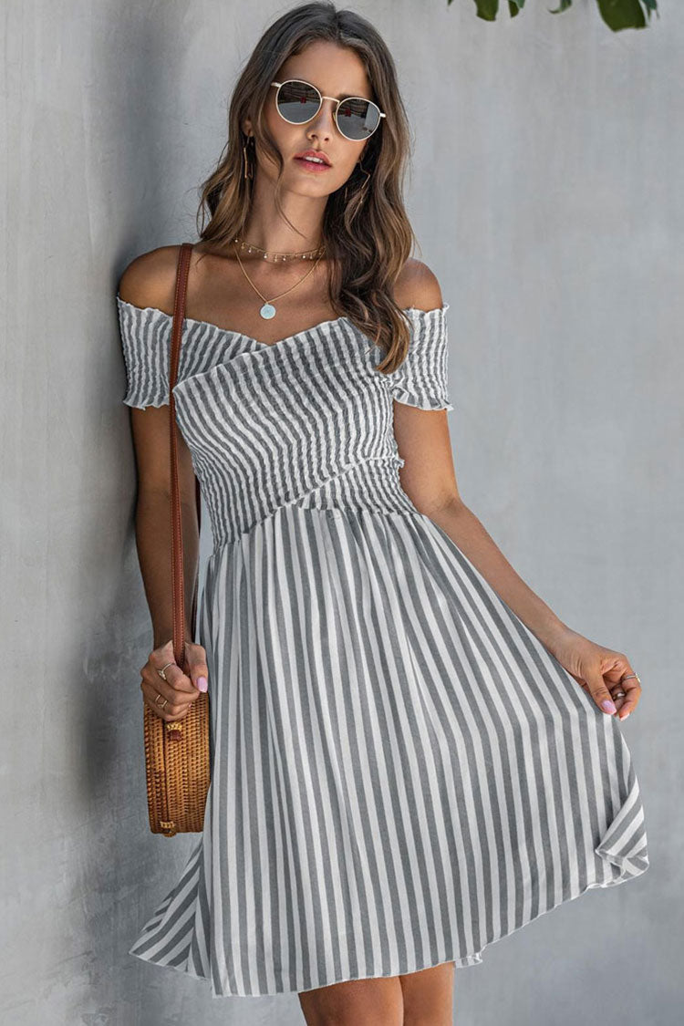 Breezy Off Shoulder Striped Printed Smocked Summer Mini Sundress - Gray - Fashionpara