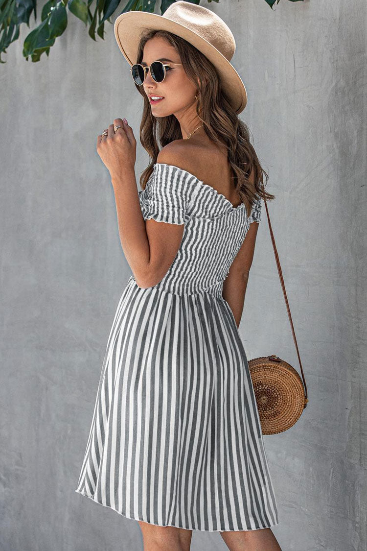 Breezy Off Shoulder Striped Printed Smocked Summer Mini Sundress - Gray - Fashionpara